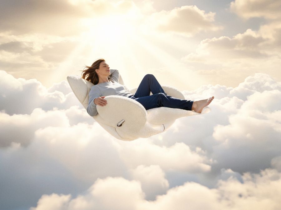 Vrouw ontspant in de Jori Infinity relaxzetel in witte bouclé, zwevend boven de wolken in warm zonlicht Vrouw ontspant in de Jori Infinity relaxzetel in witte bouclé, zwevend boven de wolken in warm zonlicht